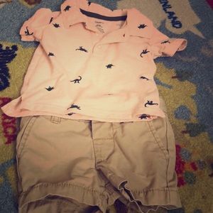 Carters Pink Dino polo with khaki shorts